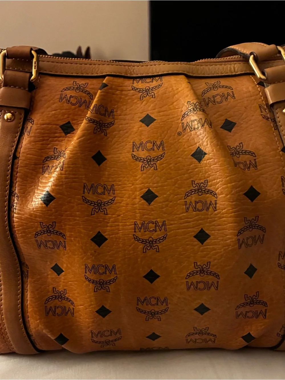 MCM Logo Visetos Pattern Shoulder Hobo Bag Leather Brown Cognac MSRP $1198